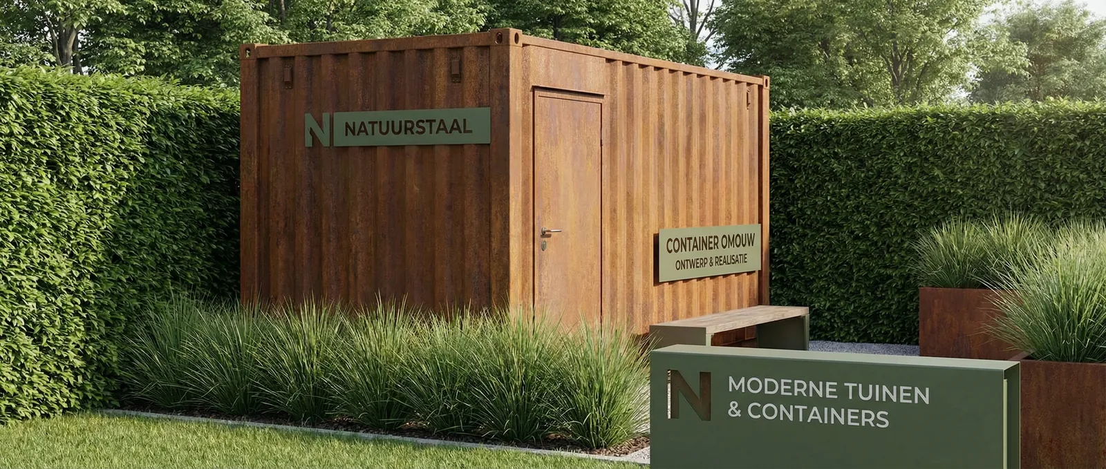 Tuinberging met containerombouw van Staallokaal
