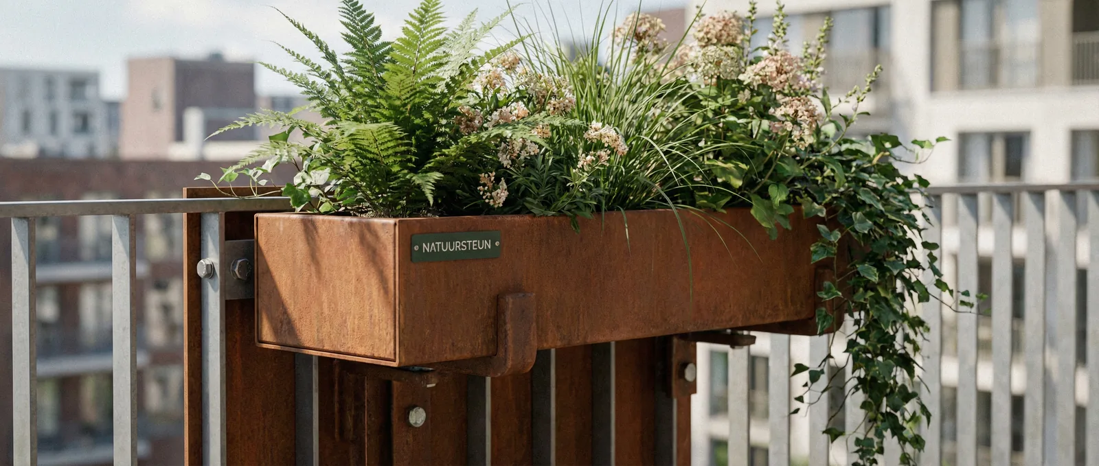Plantenbak van Staallokaal aan de rand van het balkon