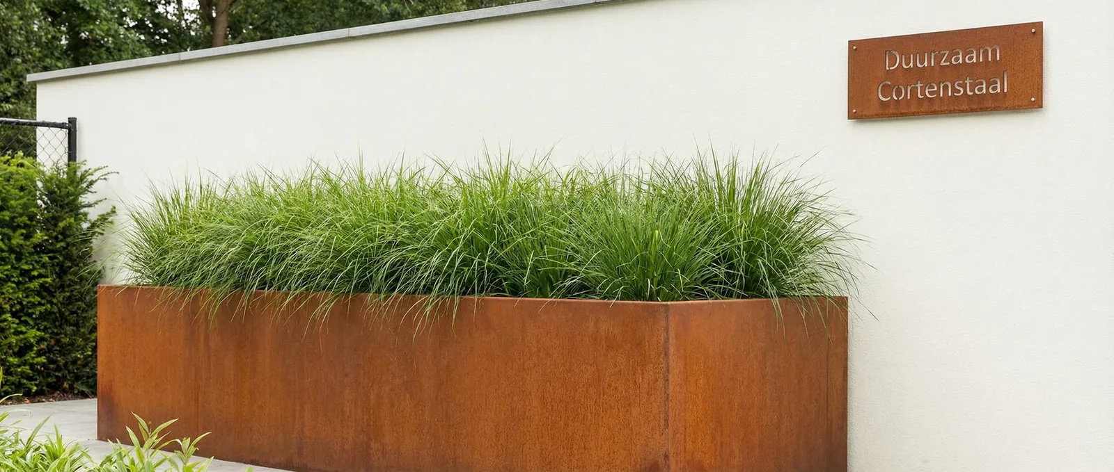 Lange plantenbak van Staallokaal met siergrassen