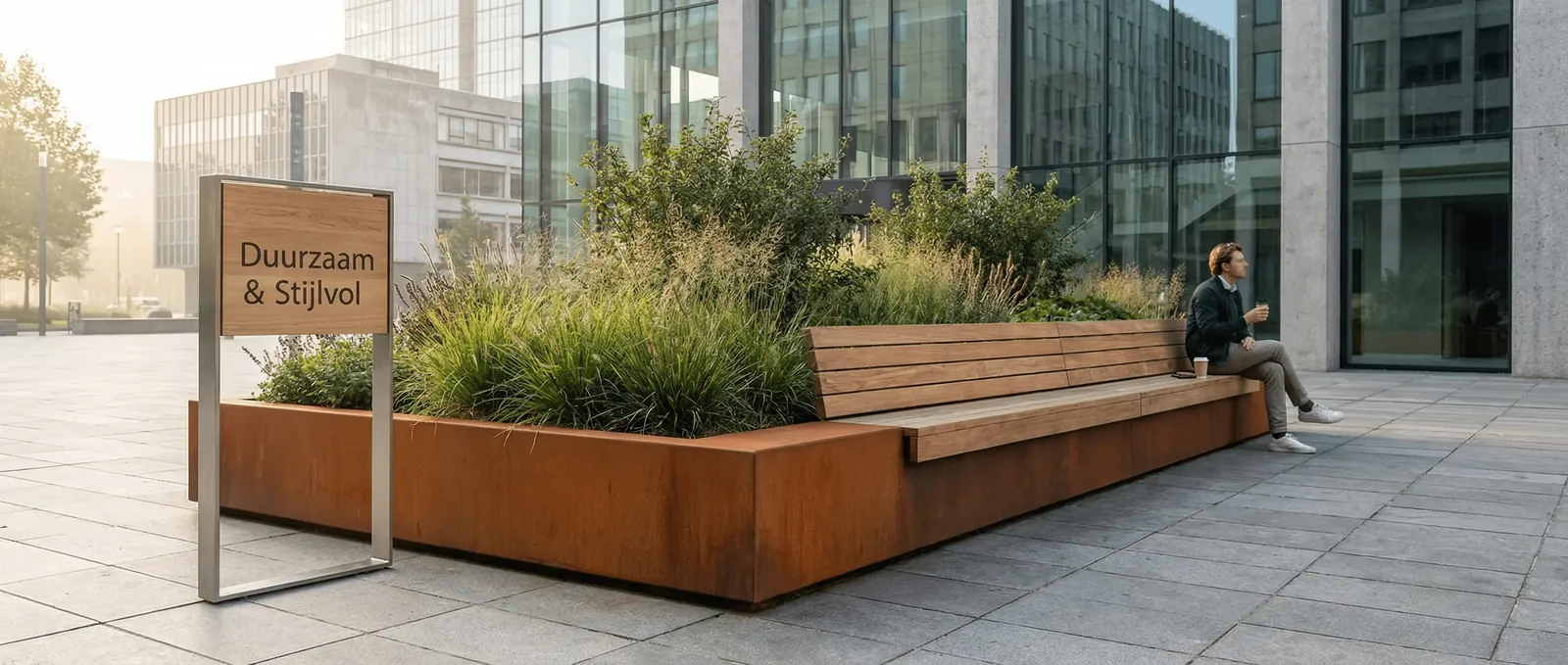 Plantenbak van Staallokaal met zitbank op een plein