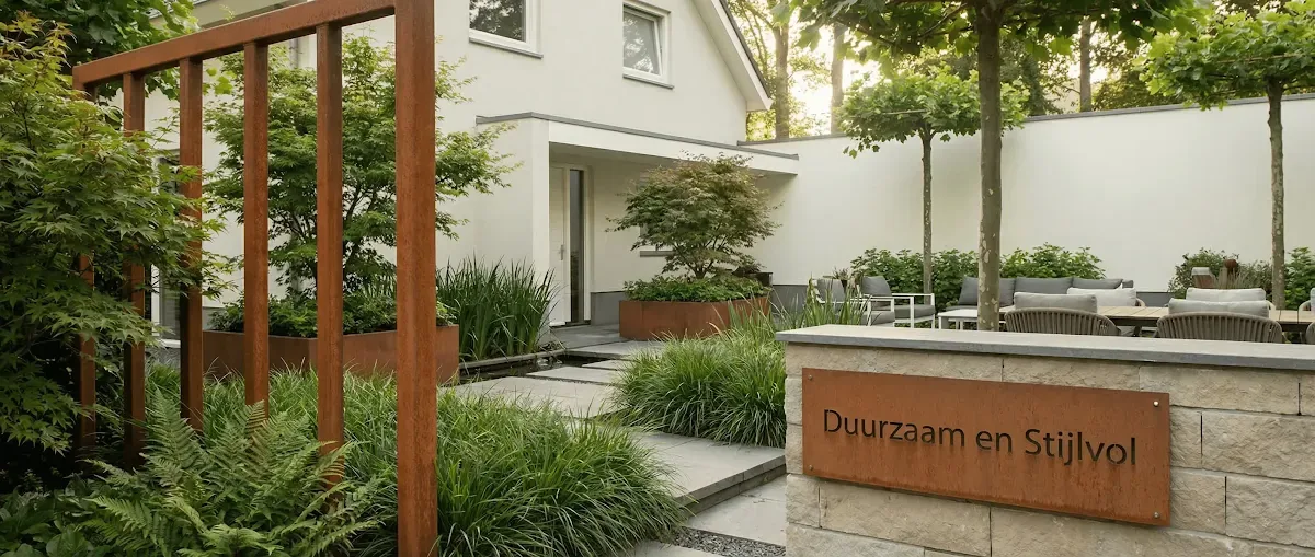 Cortenstalen tuinmuur naast een houten pergola