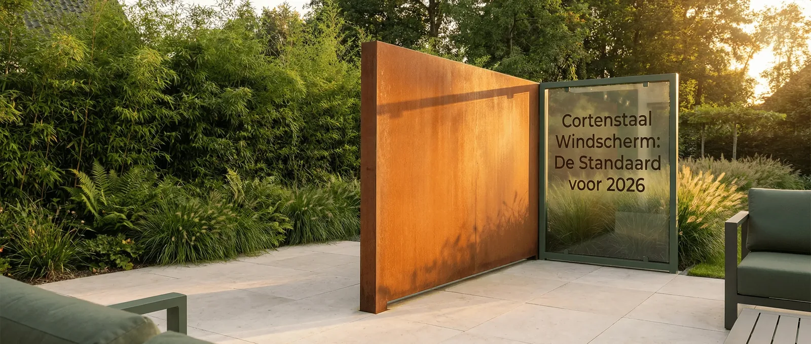 Cortenstalen windscherm van Staallokaal bij een loungeset