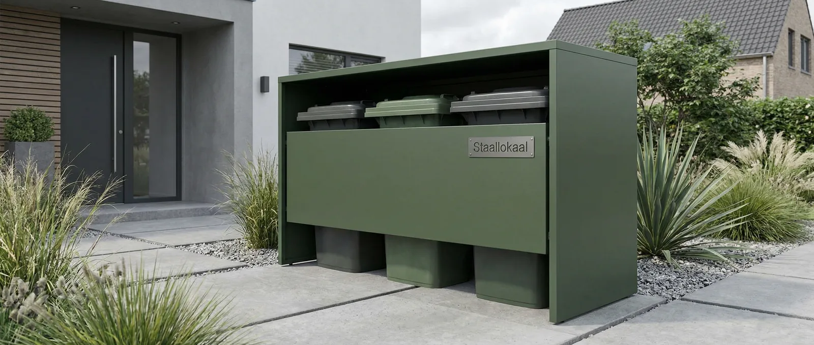 Groene containerombouw van Staallokaal bij een woning