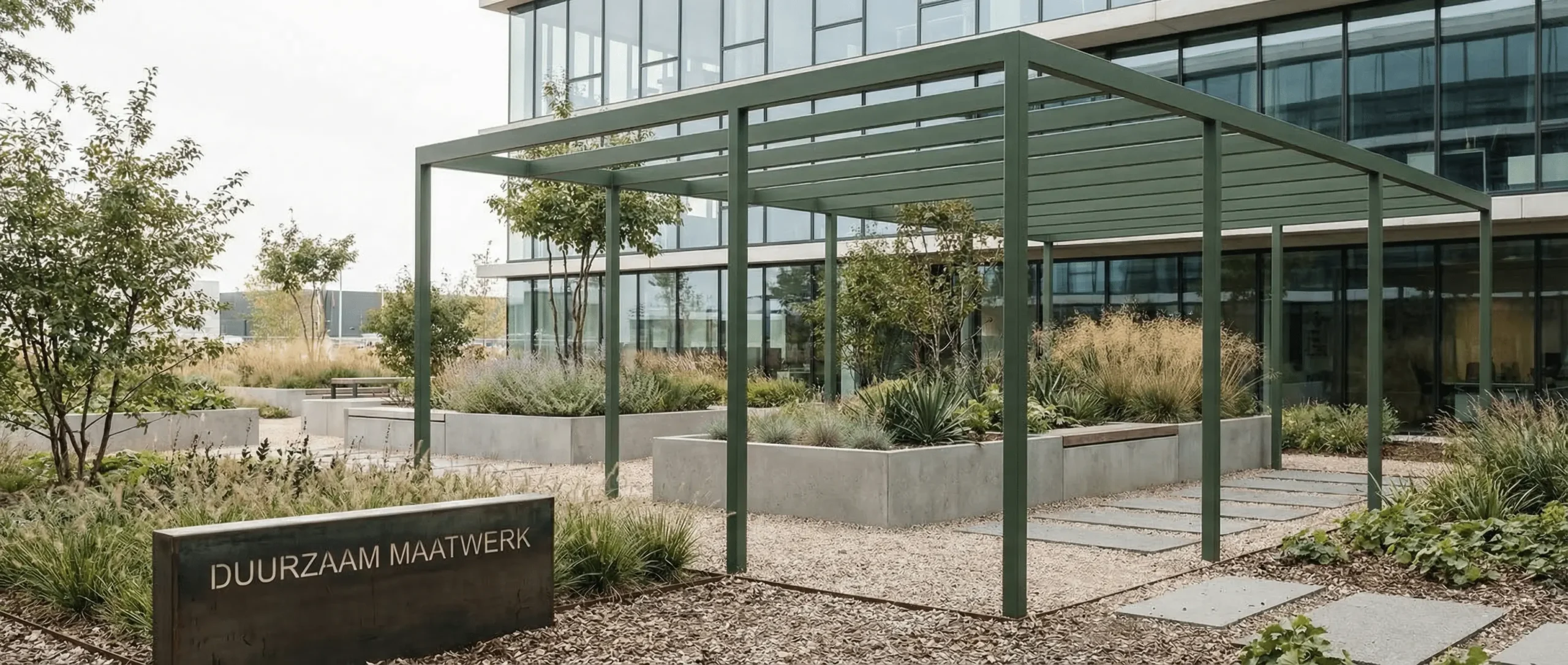 Zakelijk project: groene pergola in een kantoortuin