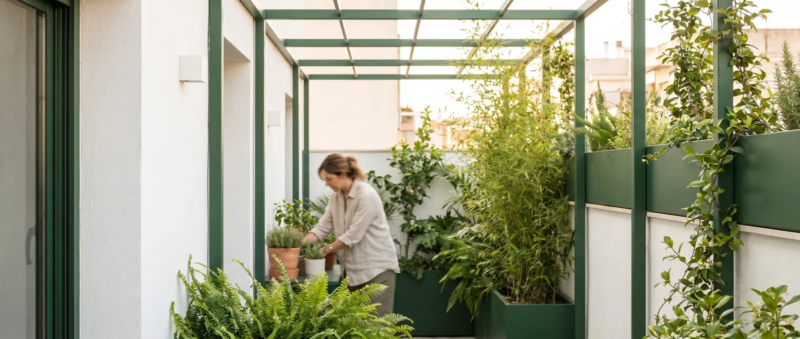 Slanke stalen pergola in een kleine tuin