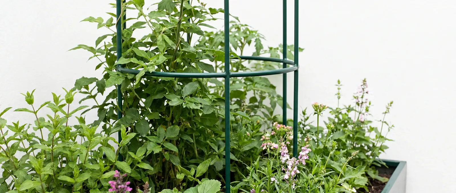 Slank groen stalen profiel in een kleine tuin