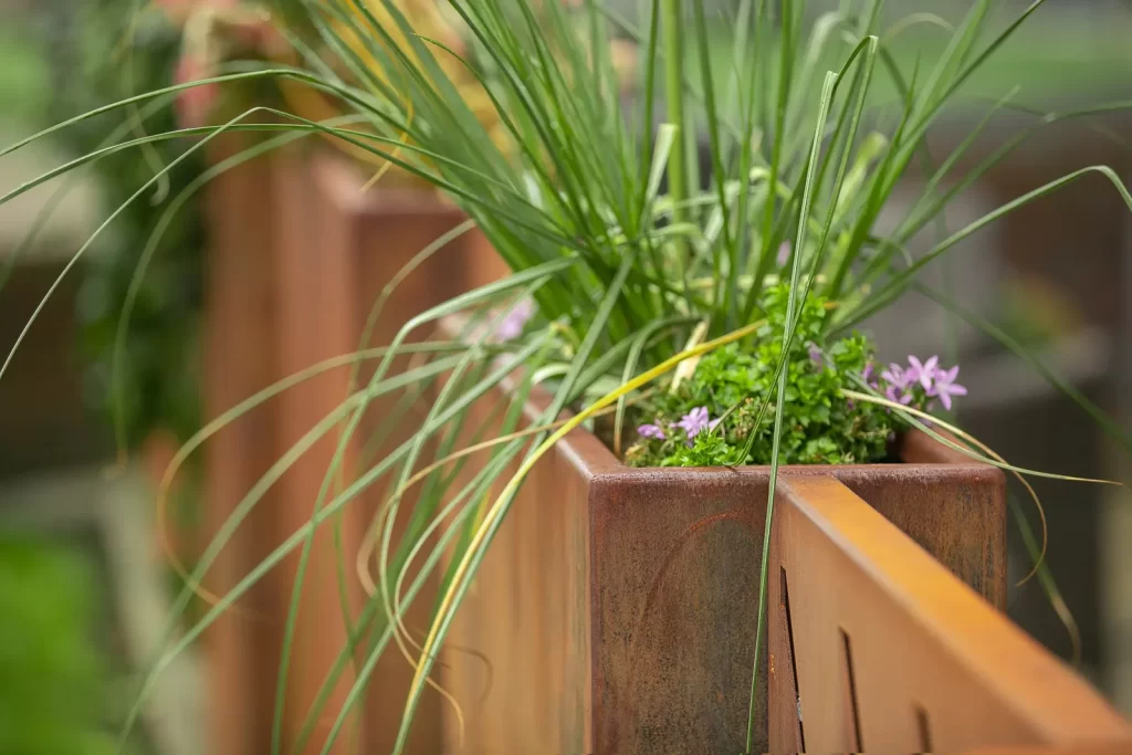 Plantenbak met siergras bij de tuinafscheiding
