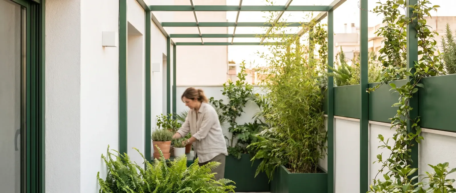 Vrouw verzorgt planten in stalen plantenbakken