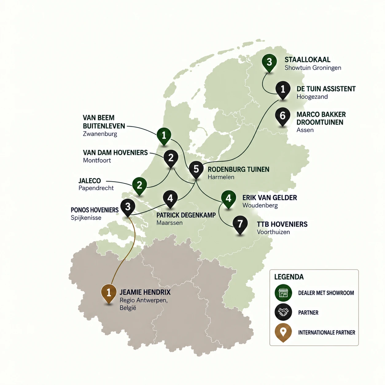 Kaart van Nederland en België met de dealers en partners van Staallokaal