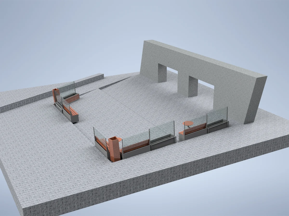 3D-ontwerp van een terras met windschermen van Staallokaal